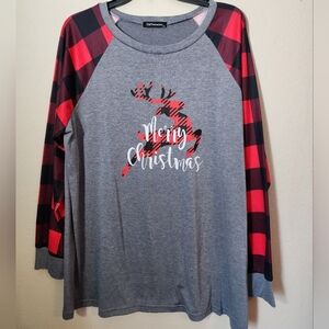 T&Twenties Women's Merry Christmas Buffalo Plaid Long-sleeve Raglan Shirt